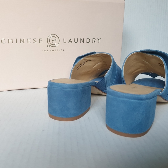 Chinese Laundry Marlowe Blue Kid Suede Block Heeled Slip-On Mule Slides Sz 6.5 - Picture 12 of 16